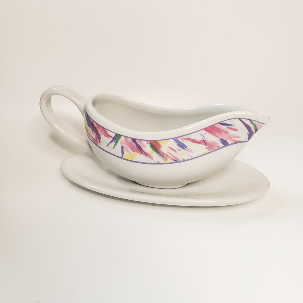 Vintage 80s Ceramic Gravy Boat and Saucer Funky Abstract Print